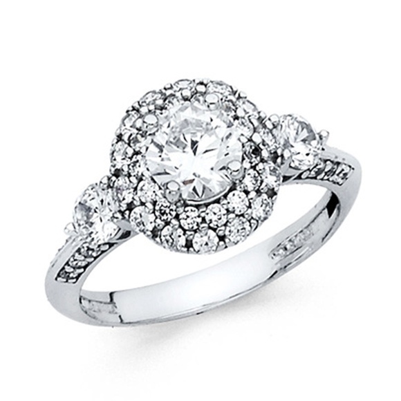 TGDJ Jewelry - 3-Stone Halo Round-Cut Knife-Edge CZ Engagement